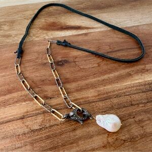 Baroque Pearl Necklace, Oxidized Sterling Silver/14k Gold Filled Faceted Chain